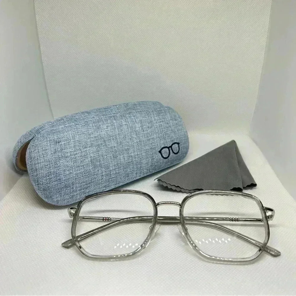 Silver Tone Oversized Frame Blue Light Blocking Optical Glasses with Hard Case